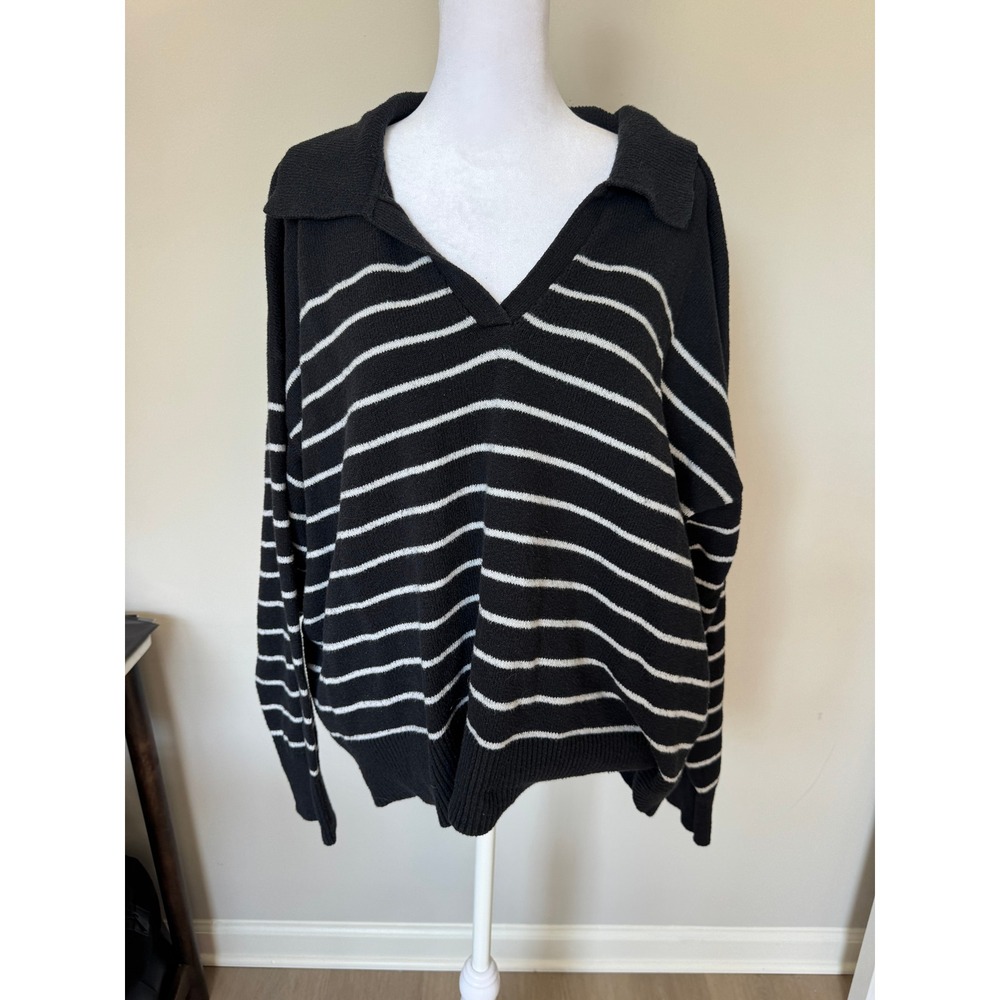 Black White‎ Striped Polo Collar V-Neck Oversized Knit Sweater Long Sleeve